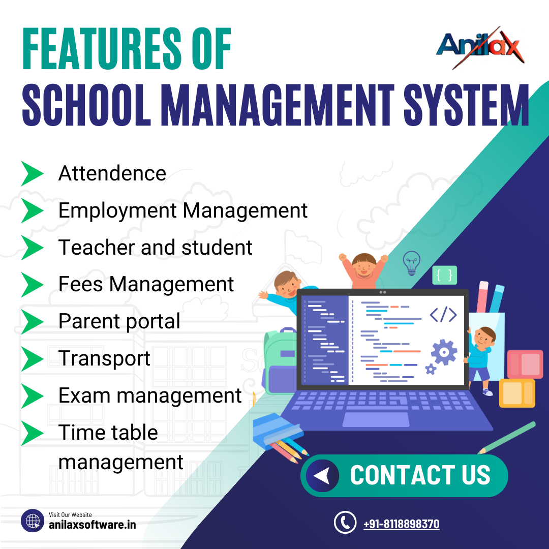 Features of School management system:

1. Attendance
2. Employment Management
3. Teacher and student
4. Fees management
5. Parent portal
6. Transport
7. Exam management
8. Time table management