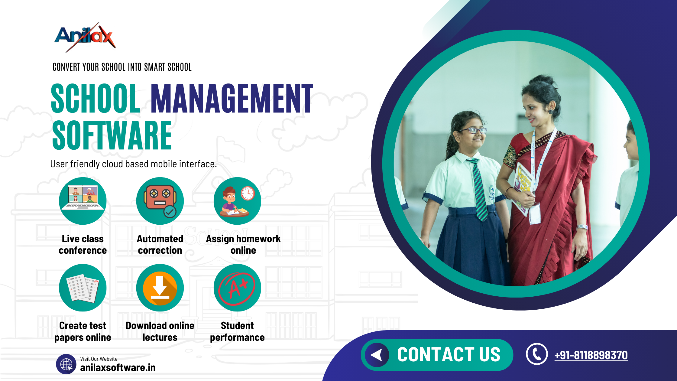 School management system. Convert your school into smart school with user-friendly cloud-based mobile interface.